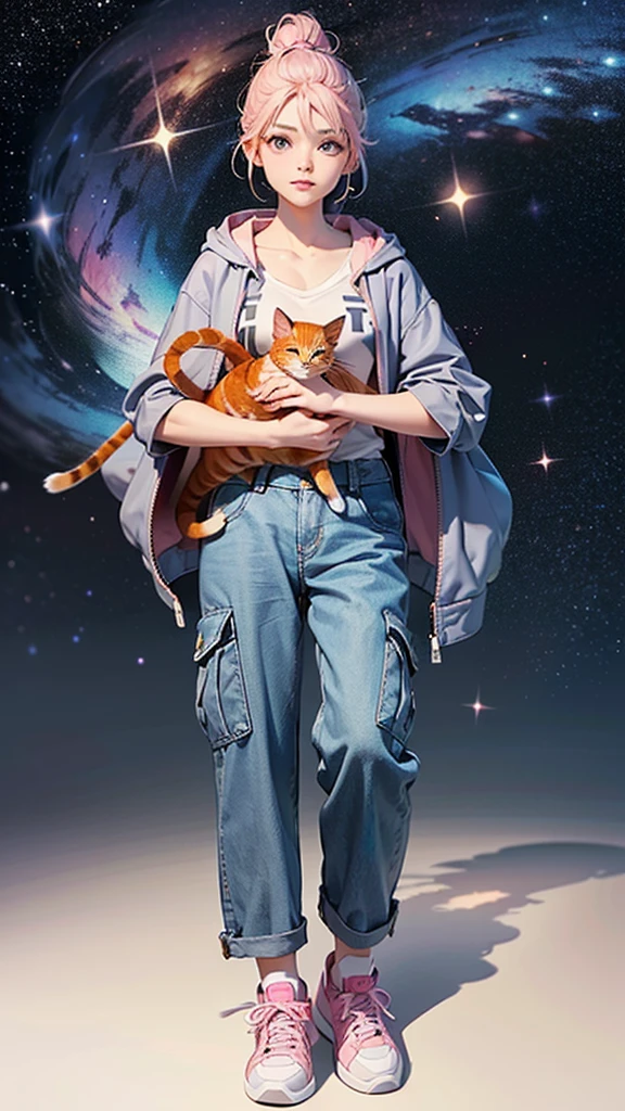 (((Holding a cute orange bantam cat in both hands))),((Highest quality,masterpiece,Full frontal view of a super mature and tall beauty,Air bangs,Blue gray high ponytail super long straight hair,Slightly curly hair on double sideburns,Hair ends curled in,Gray and pink short T-shirt,Light blue denim gray hooded jacket,Black and gray long and wide cargo pants,Pink and white sneakers,Show one collarbone)),(((Look at the camera head-on))),starry sky galaxy background