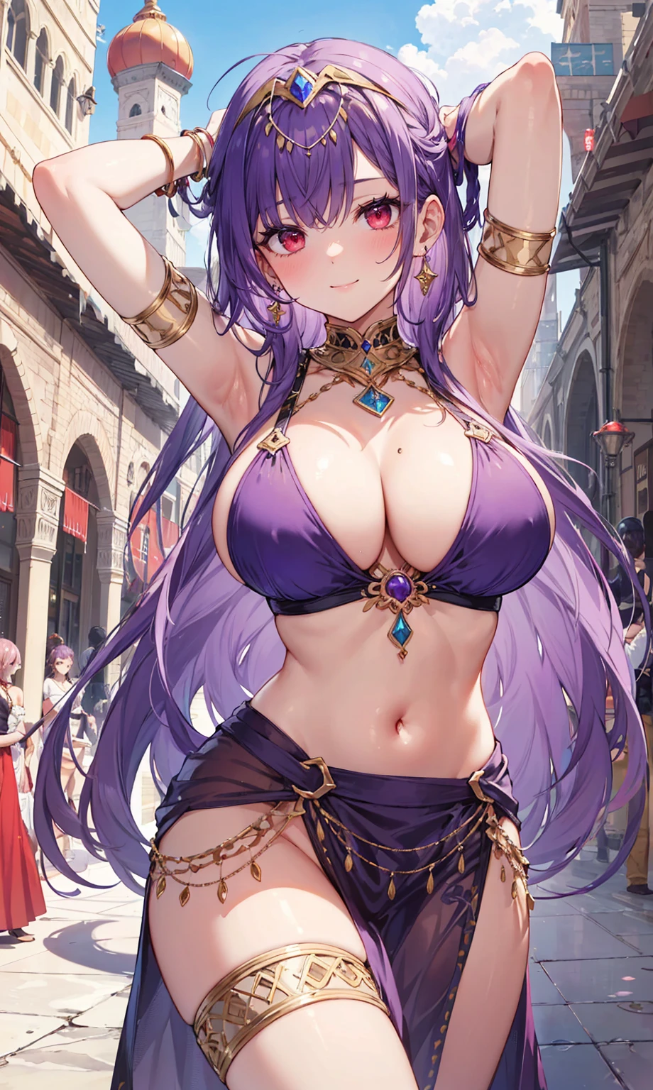 high quality, ultra detailed, best quality, insanely detailed, beautiful, masterpiece, 1girl, medieval plaza, cowboy shot, red eyes, long hair, purple hair, belly dancer, circlet, earrings, armlets, bracelets, bashful smile, large breasts, cleavage, soft stomach