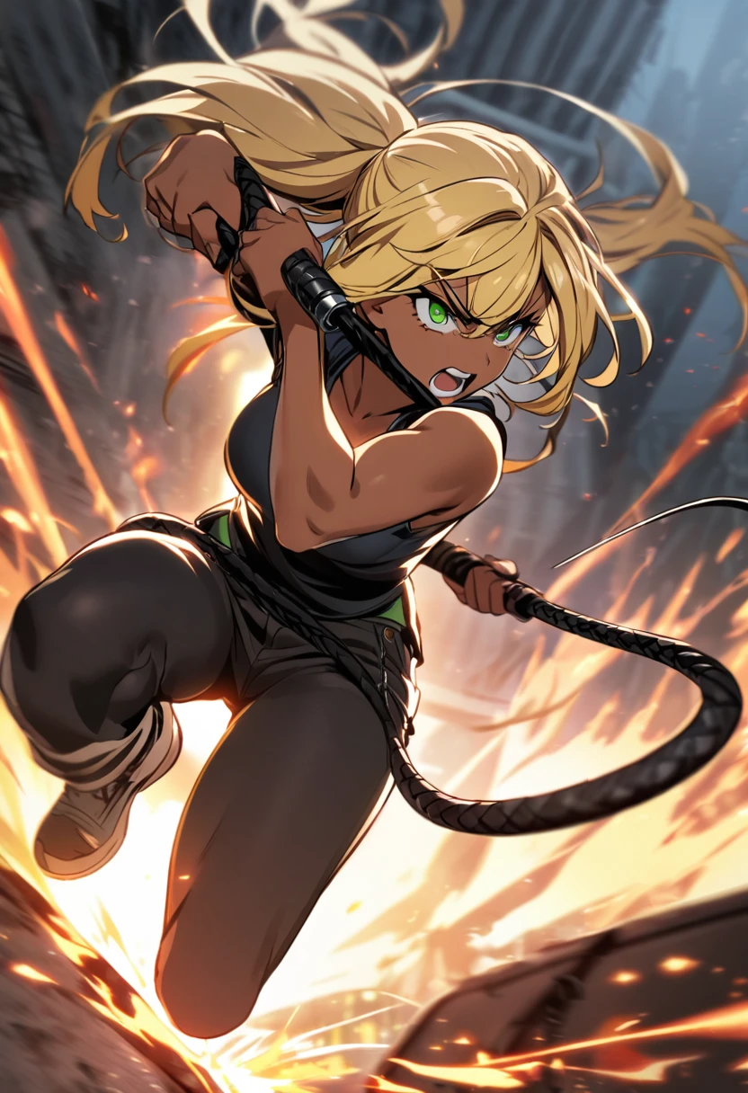 girl, dark skin, blond hair, green eyes, using whip, violent, cool