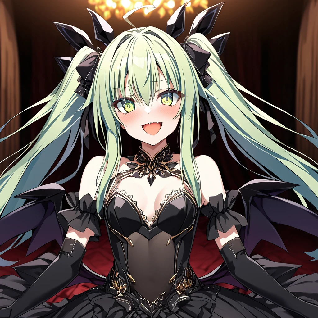 ((Highest quality)), ((masterpiece)), (detailed), （Perfect Face）、The woman is the Devil Queen Extia Flora, a female demon wearing a gorgeous black wedding dress decorated with gold.、The woman is a female demon with magnificent devil horns, jet black devil wings, and a jet black tail. She is looking at the camera with a happy expression on her face. Her name is Extia Flora, and she has light green, semi-long hair in twin tails and the expression of a girl in love.、The woman is Extia Flora