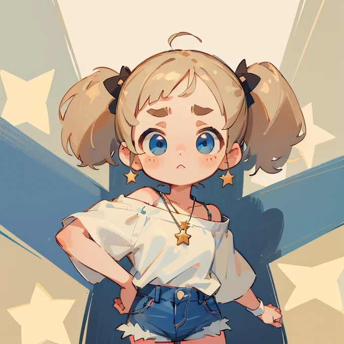 (masterpiece, Highest quality:1.2), (2 head body chibi character:1.1), Light beige hair, Twin tails, Blue Eyes, White off-shoulder blouse, Denim shorts, Short bangs, Thick eyebrows, Star Necklace, A lively atmosphere, Troubled face, View your viewers