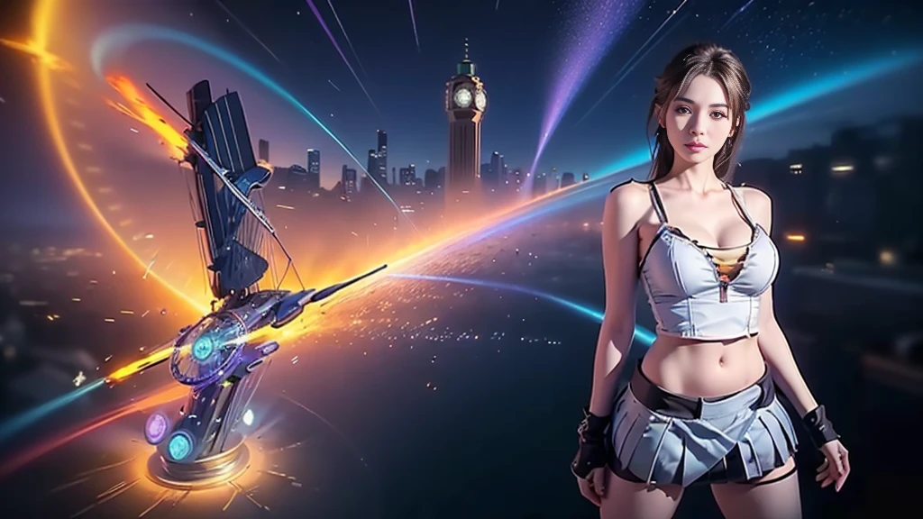 At night, (((aerial view of futuristic sci-fi cyberpunk city, skyscrapers, (((flying cars))), (vortex-spirit-spreading giant ghost hologram (((clock tower))) as time machine), high quality))). Matrix style, (1girl, solo), photo realistic, (((large-breast:1.2 slim body, cleavage:1.3, perfect face, tube top, short pleated (((miniskirt)))))), (((((matrix style black (sunglasses), aiming at viewer with a (mini rifle):0.3))))), (((dynamic pose, half-body (thigh level) medium shot))), cinematic lighting.