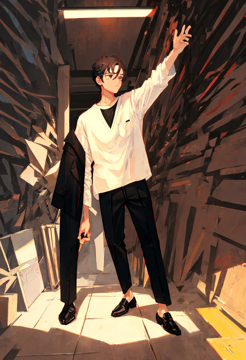 1 male, white shirt, black trouser, black hair, black eyes, tall,school boy