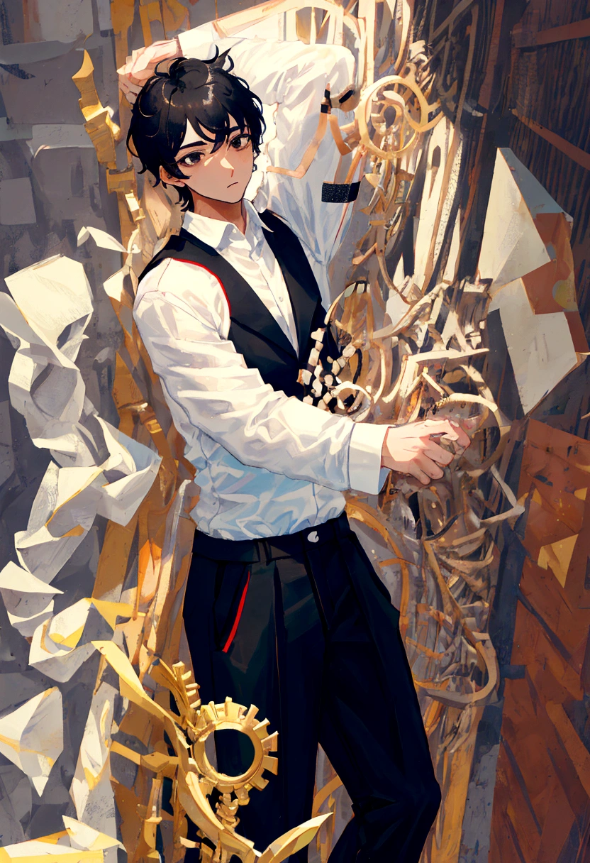 1 male, white shirt, black trouser, black hair, black eyes, tall,school boy