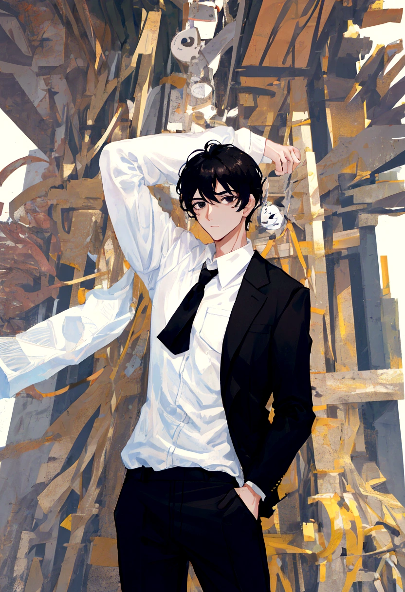 1 male, white shirt, black trouser, black hair, black eyes, tall,school boy