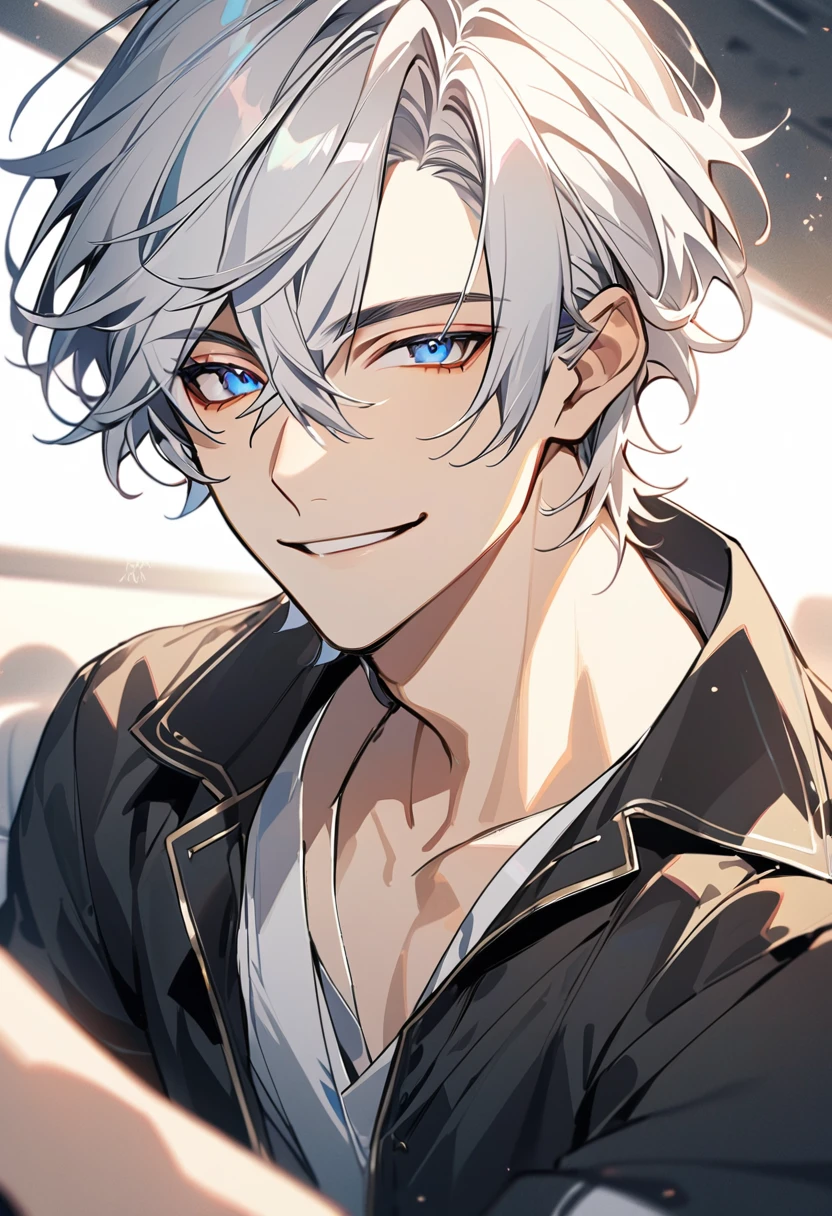 Handsome, solo, 1 male, short hair, gold eyes, white hair, smile facial, ((shirt)), blue eyes, загадочное выражение лица, (загадочная улыбка)