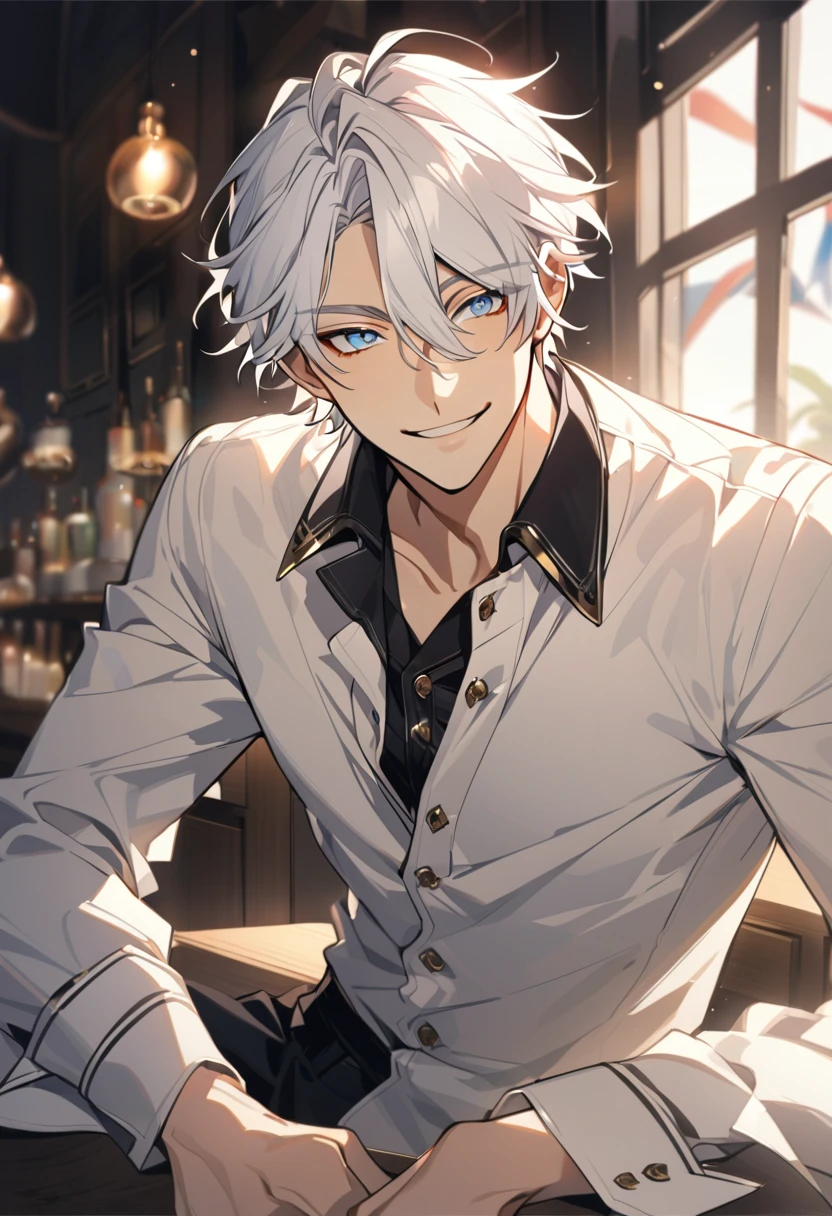 Handsome, solo, 1 male, short hair, gold eyes, white hair, smile facial, ((shirt)), blue eyes, загадочное выражение лица, (загадочная улыбка)