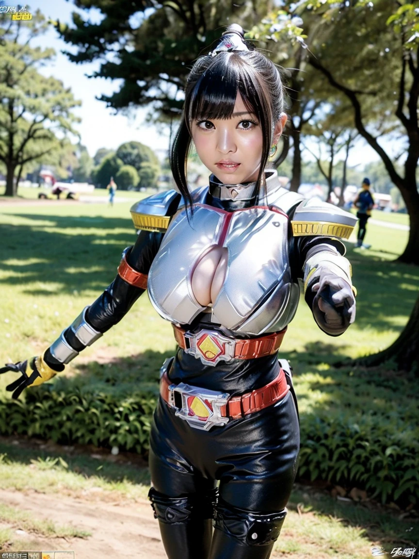 outdoors in the park((Hero Show))、（(Young、young、、Sentai Heroine:1.4))、((Cramped body armor plates、Tight rubber tights))、(pink、black)、 、Battle Scenes、（(Dynamic pose:1.4))、(Bursting breasts:1.4)、((Disproportionate breasts、Biggest perfect breasts: 1.4))、((Netorare: 1.4)),（(nsfw)), (((pierced nipples:1.2))), ((big nose ring)),curvy,