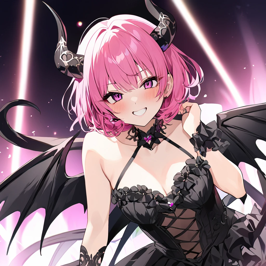 ((Highest quality)), ((masterpiece)), (detailed), (Perfect Face)、The woman is the Devil Queen Momo Belia Deviluke, a female demon queen wearing a luxurious black wedding dress decorated with gold.、The woman is a female demon with magnificent devil horns, jet black devil wings, and a jet black tail. She is looking at the camera with a happy expression on her face. Her name is Momo Belia Deviluke, and she has pink hair in a short bob and the expression of a girl in love.、The woman is Momo Belia Deviluke