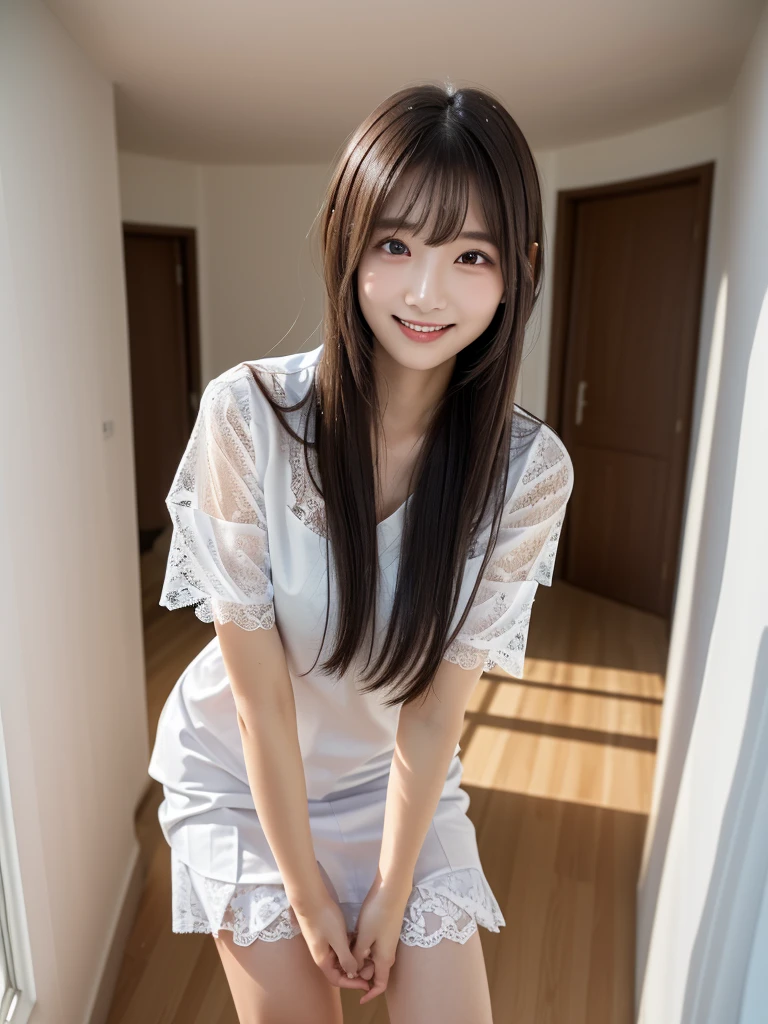 (Highest quality:1.9)、(High resolution)、Live-action image quality、((19 year old female university student、1 person))、Soft lighting by a professional photographer、Natural light、((Very spacious white luxurious room:1.6))、((Bright white room:1.6))、(Standing in front of a very luxurious white bed:1.2)、(White bookshelf background:1.1)、Natural soft light、((Black Hair Color:1.1))、Fair skin、Detailed Eyes、double eyelid、Slightly puffy cheeks、((Small Face:1.0))、((White lace short sleeve shirt、Please wear it with the chest open.:1.7))、((White checked skirt:1.2))、(Cute Smile)、((Girly pose 1.8))、((Straight medium-long hair:1.1))、((Full Body Shot:1.2))、((Height: 145cm))、Hands in front、Hold hands between legs、bangs、