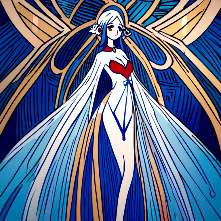 Drawing of a woman holding a cute girl in her arms, Beautiful Art, Beautiful depiction, rosen maiden, wearing a blue cleavage dress, On a blue background, Exact body structure