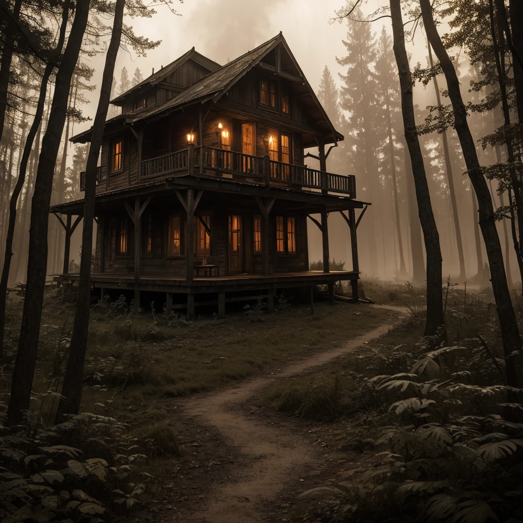 The scene is set in a dense forest where an old, rusty wooden cabin stands. Inside, a person sits on a worn wooden chair, sipping tea. On a small wooden table beside them lies a gothic book, its dark cover contrasting with the rustic surroundings. Outside, the rain pours down, adding a rhythmic soundtrack to the scene. The sky is a peculiar brownish hue, casting an eerie, sepia-toned light over the forest, enhancing the gothic and mysterious atmosphere.