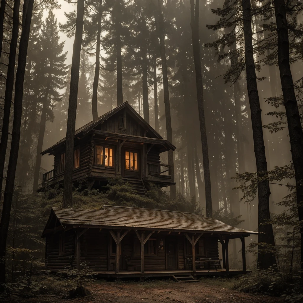 The scene is set in a dense forest where an old, rusty wooden cabin stands. Inside, a person sits on a worn wooden chair, sipping tea. On a small wooden table beside them lies a gothic book, its dark cover contrasting with the rustic surroundings. Outside, the rain pours down, adding a rhythmic soundtrack to the scene. The sky is a peculiar brownish hue, casting an eerie, sepia-toned light over the forest, enhancing the gothic and mysterious atmosphere.
