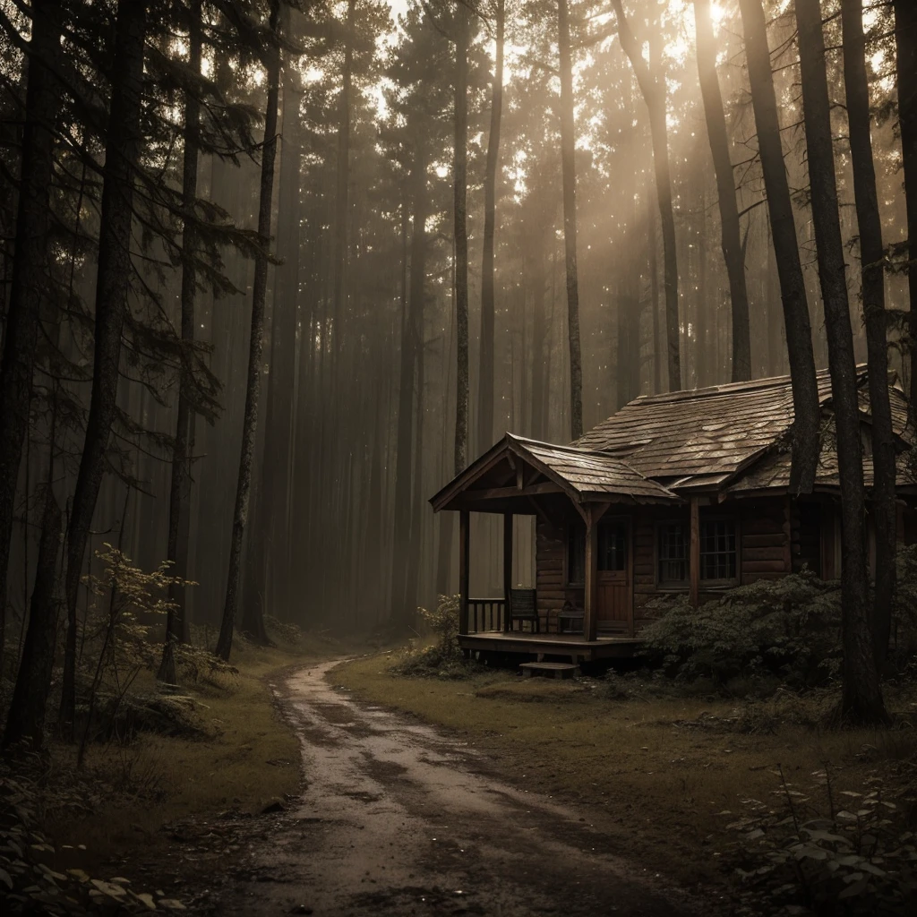 The scene is set in a dense forest where an old, rusty wooden cabin stands. Inside, a person sits on a worn wooden chair, sipping tea. On a small wooden table beside them lies a gothic book, its dark cover contrasting with the rustic surroundings. Outside, the rain pours down, adding a rhythmic soundtrack to the scene. The sky is a peculiar brownish hue, casting an eerie, sepia-toned light over the forest, enhancing the gothic and mysterious atmosphere.