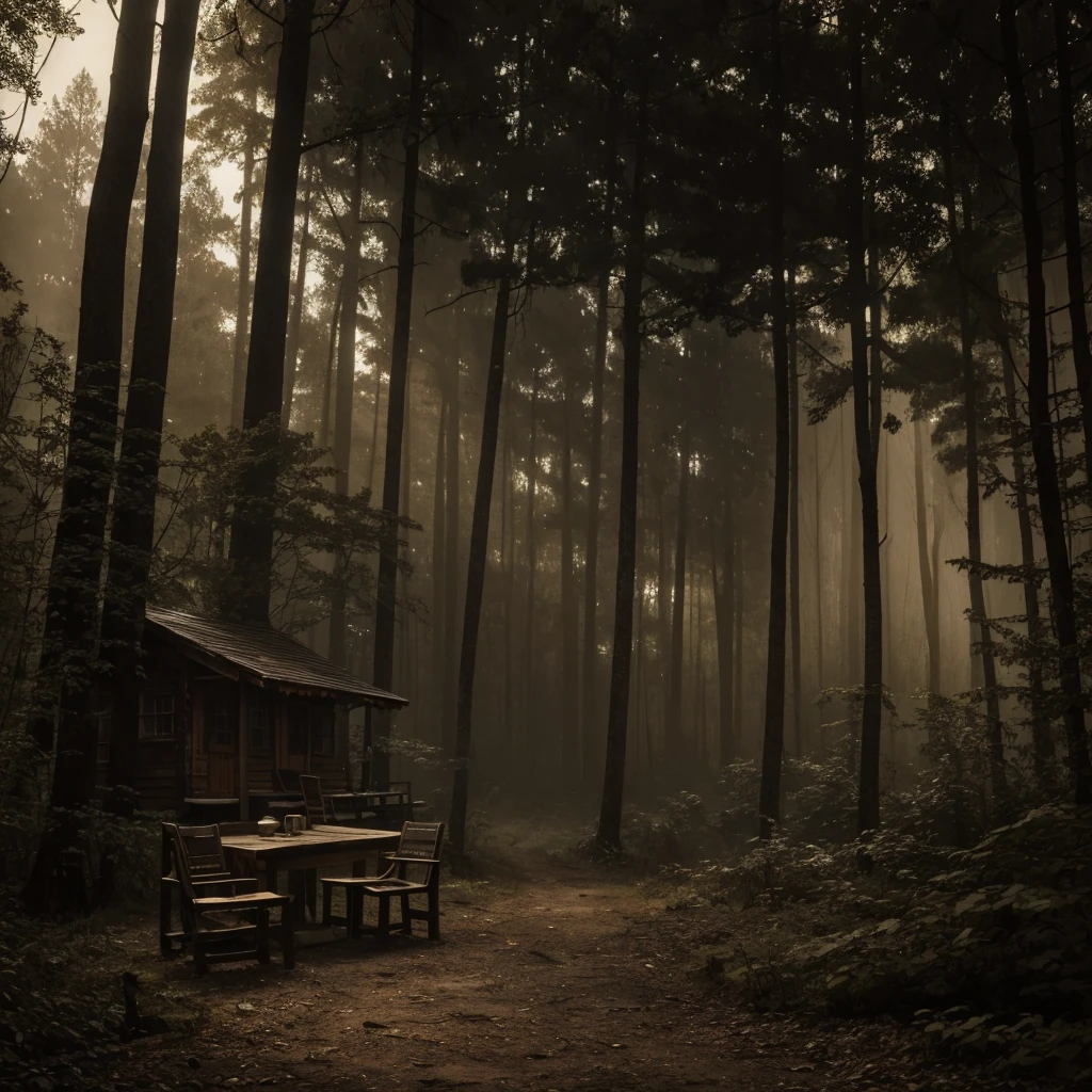 The scene is set in a dense forest where an old, rusty wooden cabin stands. Inside, a person sits on a worn wooden chair, sipping tea. On a small wooden table beside them lies a gothic book, its dark cover contrasting with the rustic surroundings. Outside, the rain pours down, adding a rhythmic soundtrack to the scene. The sky is a peculiar brownish hue, casting an eerie, sepia-toned light over the forest, enhancing the gothic and mysterious atmosphere.