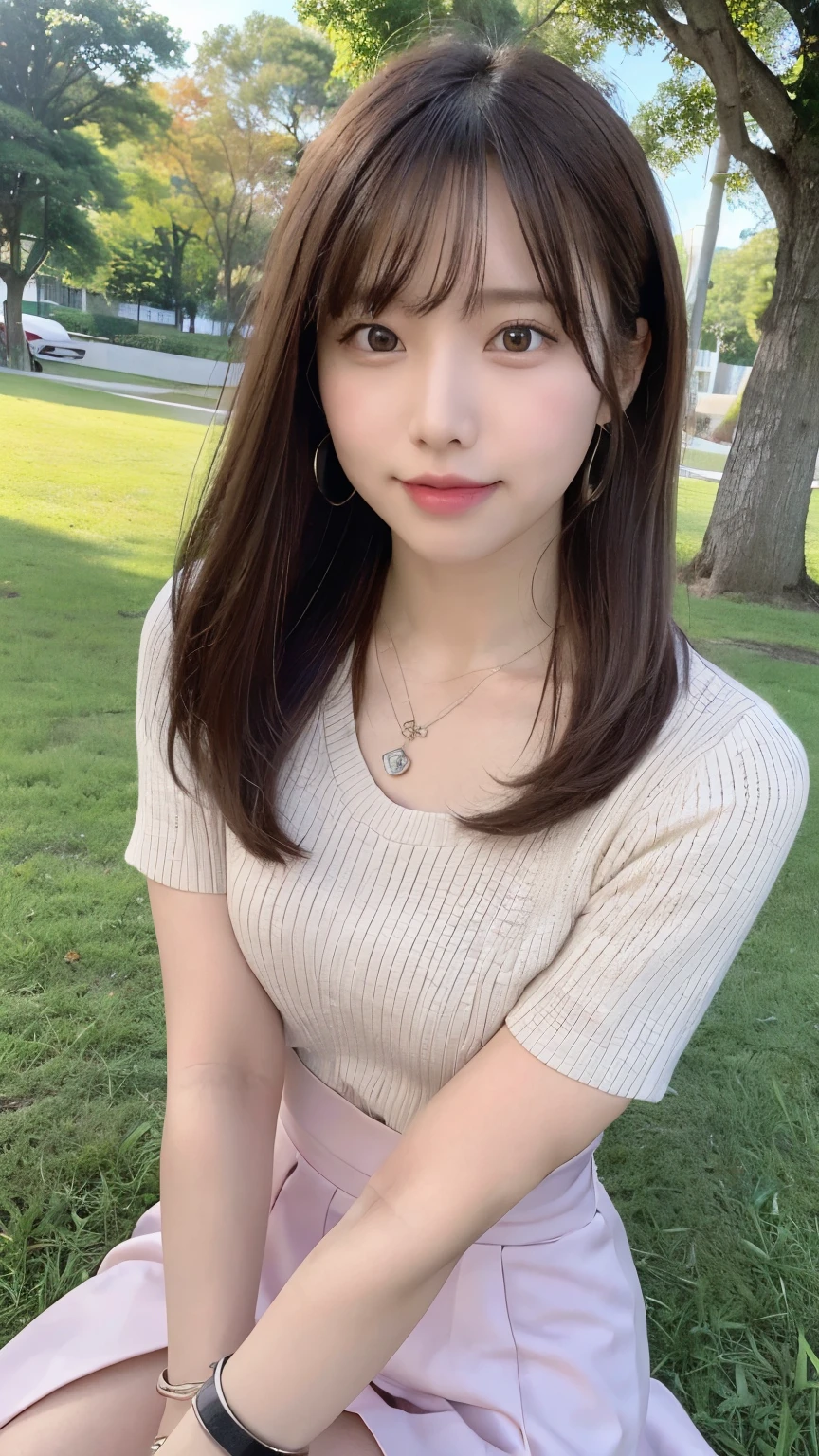 (8k, RAW photo, best quality, masterpiece:1.2), (realistic, photo-realistic:1.4), (extremely detailed 8k wallpaper),
professional lighting,
sharp focus, depth of field, blur background, bokeh, wide shot,
full body,
Japanese high school girl, slender,
on the grass, sitting,
park, dating,
Daytime,
brown long long hair, messy hair,
pink sweater, Mini skirt,
watch, Piercing, bangle, necklace, ring,
laugh,