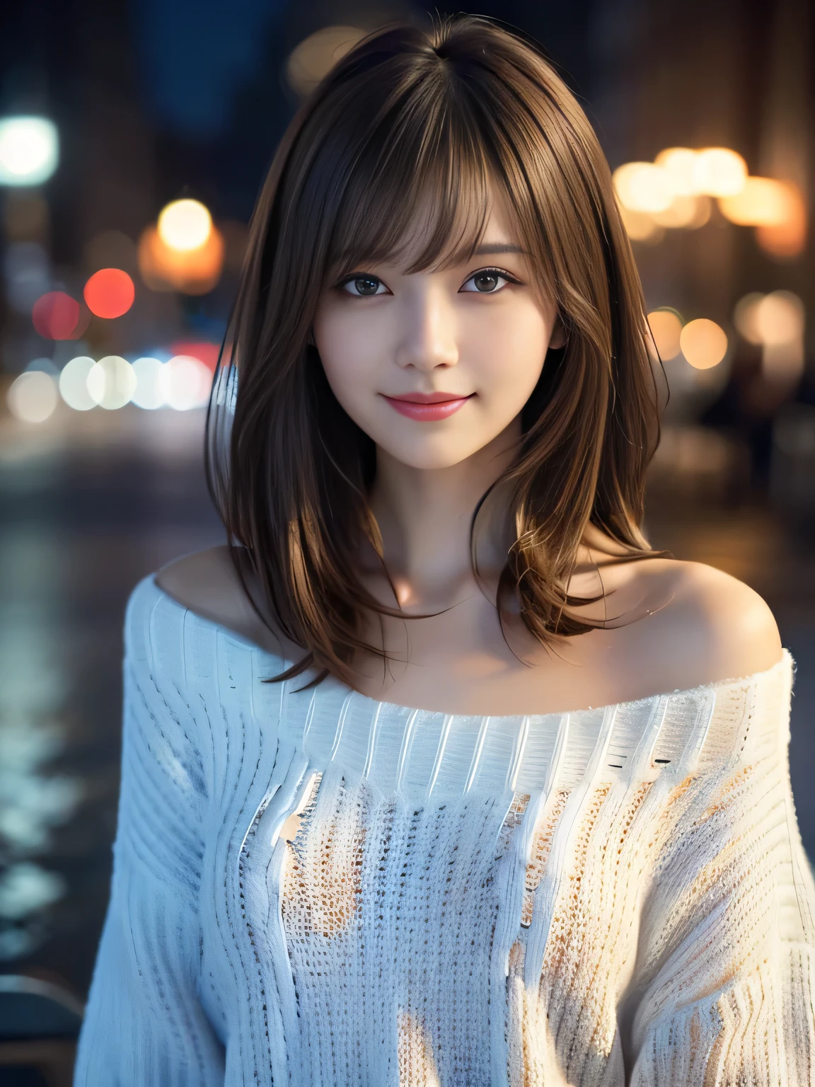 1girl in,(White sweater:1.4),(Fur trim,:1.2), (Raw photo, Best Quality), (Realistic, Photorealsitic:1.4), masterpiece, extremely delicate and beautiful, Extremely detailed, 8k wallpaper, amazing, finely detail, extremely detailed CG Unity, hight resolution, Soft light, Beautiful detailed 19 year old girl, extremely detailed eye and face, beautiful detailed nose, Beautiful detailed eyes,Cinematic lighting,city light at night,Perfect Anatomy,Slender body,Smiling (hair messy, asymmetrical bangs, light brown hair,)