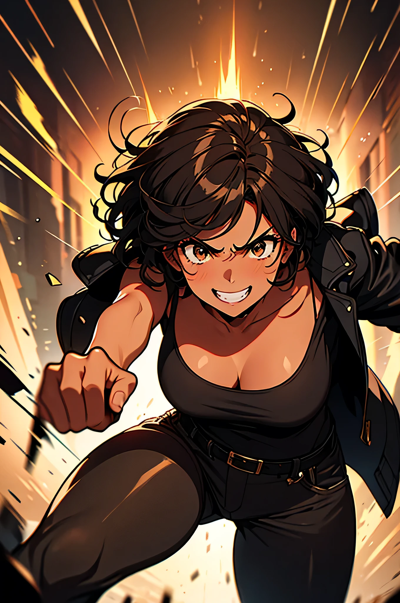 melhor qualidade)), ((Obra de arte)), (detalhado), 1 woman with black race, mulatta, extreme curly hair, short hair, brown skin, brown eyes, black tank top , black pants, open leather jacket, emo style, threatening appearance, frightening smile, in a tournament, during a fight.