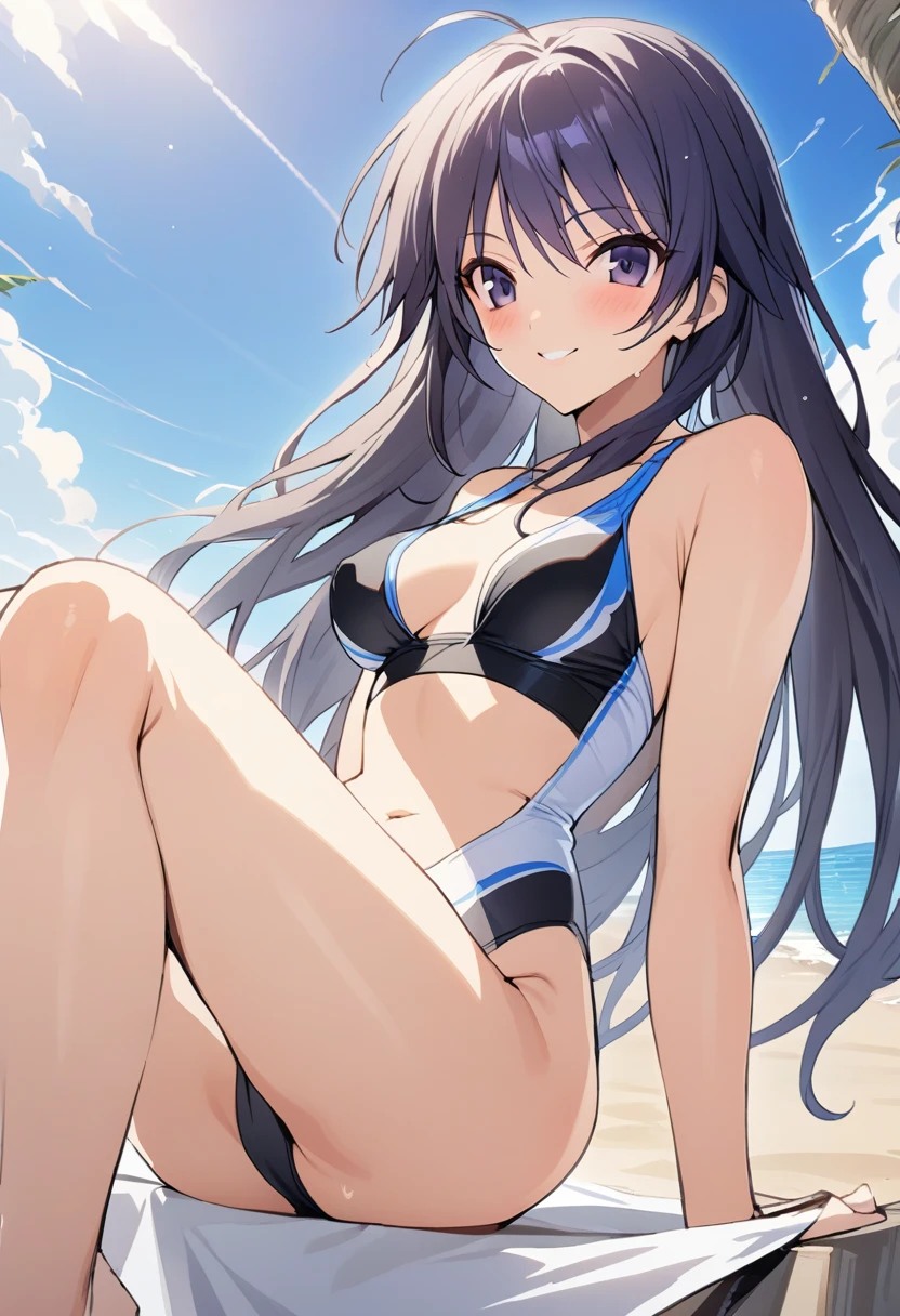 One girl,takano、Gentle expression、smile、Welcome、Sexy pose、Sexy Swimsuit、nsfw,Ocean、beach、blue sky、Sitting、from below,A complete depiction of the human body、masterpiece, Highest quality, Game CG, ultra detailed、highres、extremely detailed CG