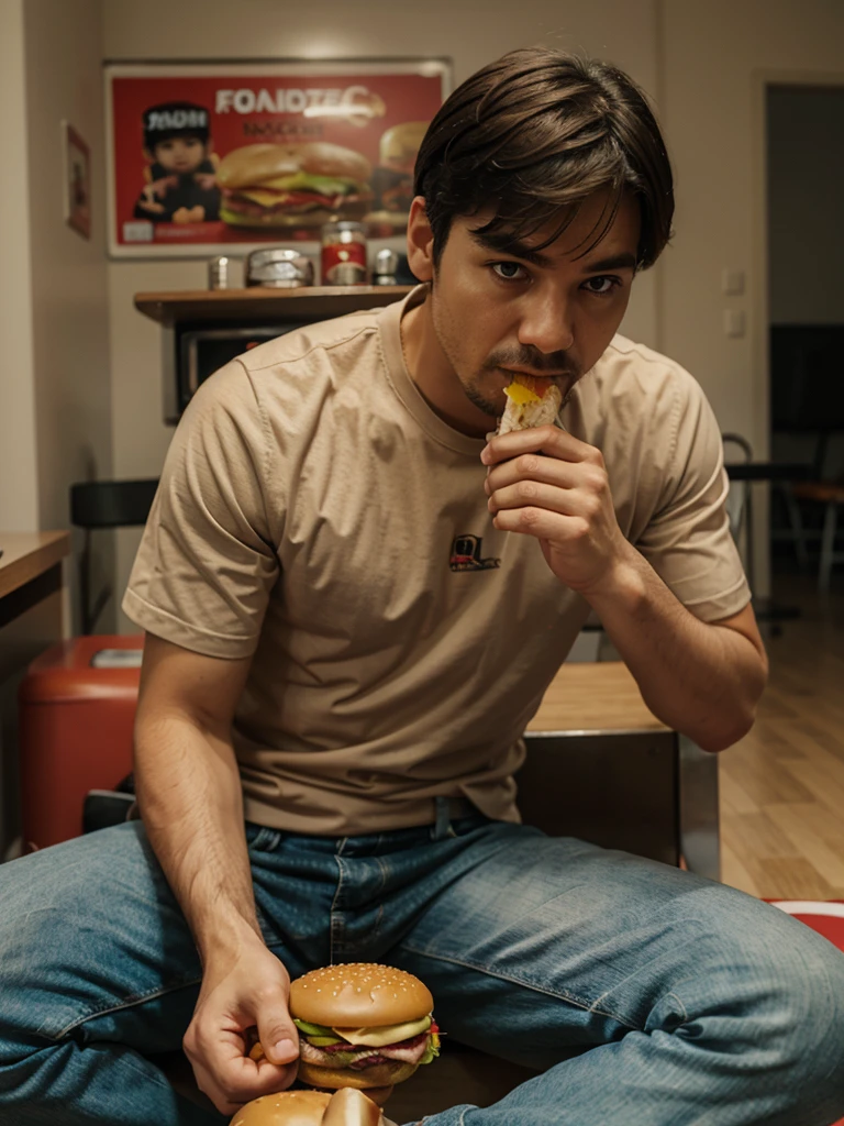 man sitting and eating hamburger