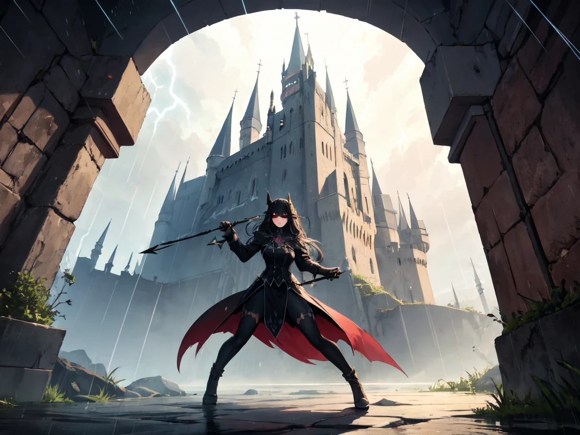 dark castle, on the horizon a demonic shadow putting its hands under the castle, horizon, night, rain, lightning, storm, dungeon, catacomb, dark, a woman with long hair in a combat stance looking at the castle on the horizon,