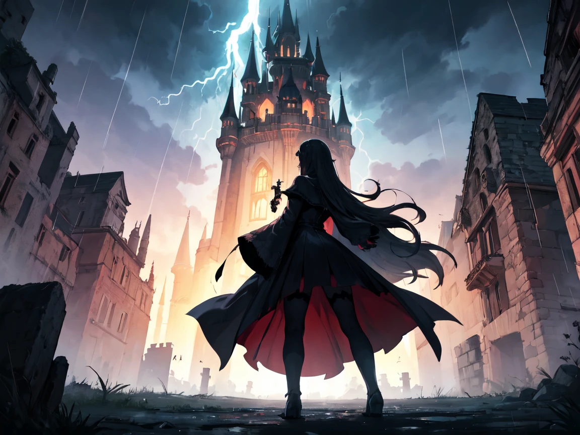 dark castle, on the horizon a demonic shadow putting its hands under the castle, horizon, night, rain, lightning, storm, dungeon, catacomb, dark, a woman with long hair in a combat stance looking at the castle on the horizon,