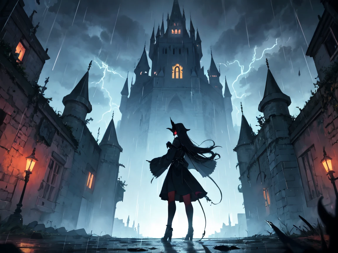 dark castle, on the horizon a demonic shadow putting its hands under the castle, horizon, night, rain, lightning, storm, dungeon, catacomb, dark, a woman with long hair in a combat stance looking at the castle on the horizon,