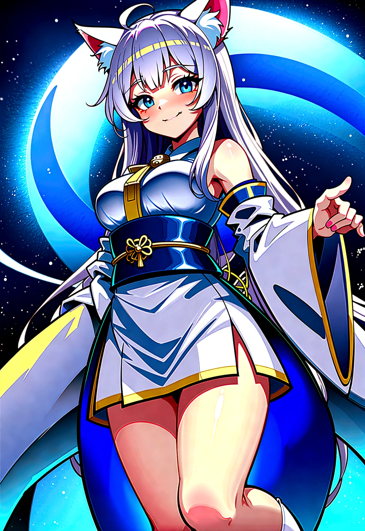 Kitsune human girl in her 20s with long white hair and white fox ears wearing white kimono with a blue belt with a white skirt and shirt socks with a blue ties blue eyes and from below a thin yellow colour holding string bells with a lot of blue sparkles around her and she has nine white tails as she's smiling with her mouth open revealing her fox fangs background holy Shrine in the mountains