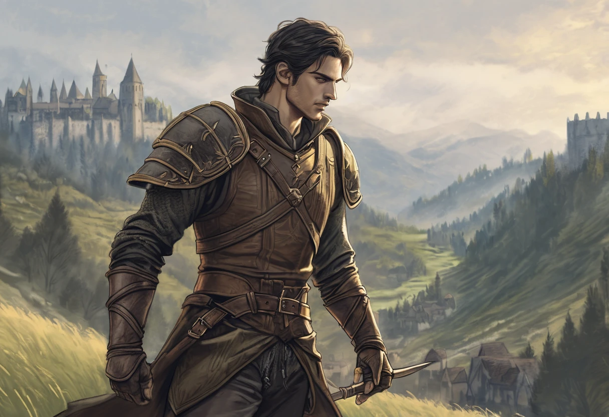colored pencils, pictorial \(styled\), male rogue from the Elder Scrolls series, trunk, portraite, short dark hair, golden eye, Light green skin, brown leather armor, simple shoulder pad, black leather boots in a medieval European landscape, Dynamic shading, extremely detaild, light and dark colors,