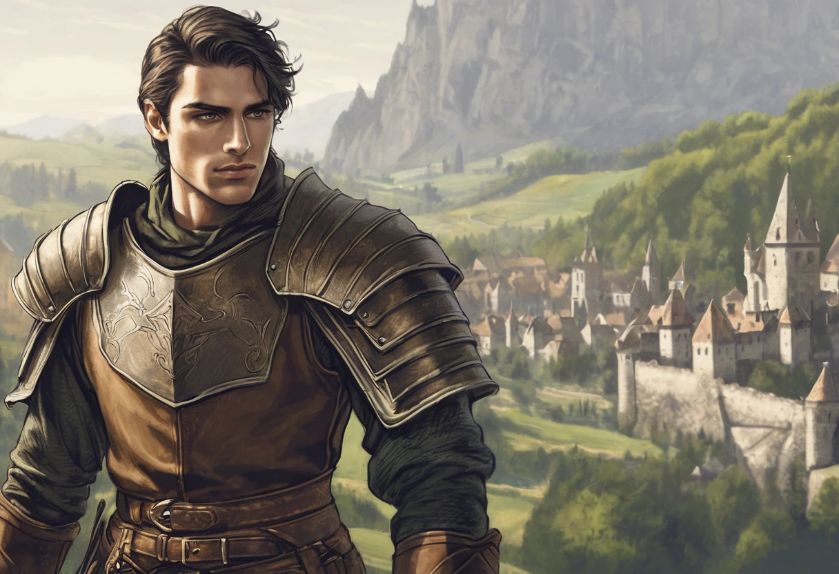 colored pencils, pictorial \(styled\), male rogue from the Elder Scrolls series, trunk, portraite, short dark hair, golden eye, Light green skin, brown leather armor, simple shoulder pad, black leather boots in a medieval European landscape, Dynamic shading, extremely detaild, light and dark colors,