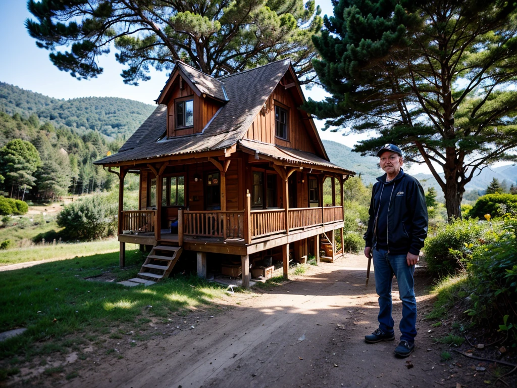 8K images、Highly detailed images、RAW Photoount Nagi stands tall、Deep in the mountains、BREAK、There is a house where an old man and woman live.、forest、There are small animals and roll-splitting tools around the house.