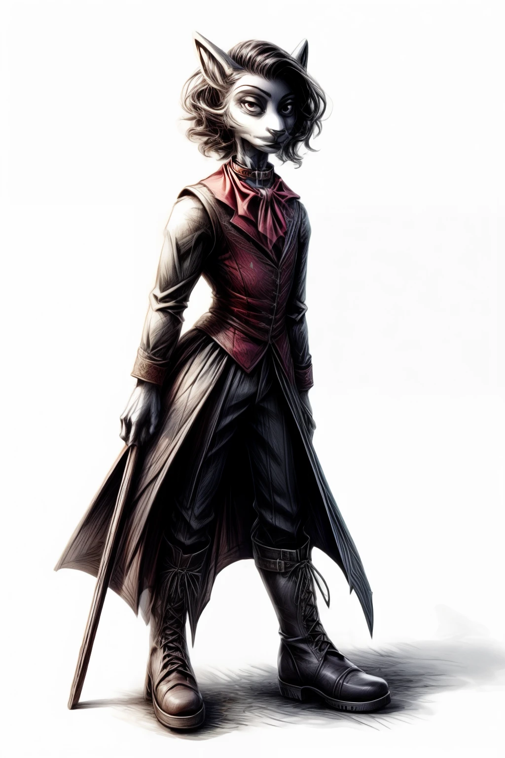 full body portrait, 1girl, short combed hair, pixie cut, combed hair, forehead, drow, black lipstick, fur coat, red high-collared shirt, ascot, high collar, solo, blank background, white background, outside, gothic fantasy art, long pointy ears, high laced boots, bullwhip, wide hips, flat-chested