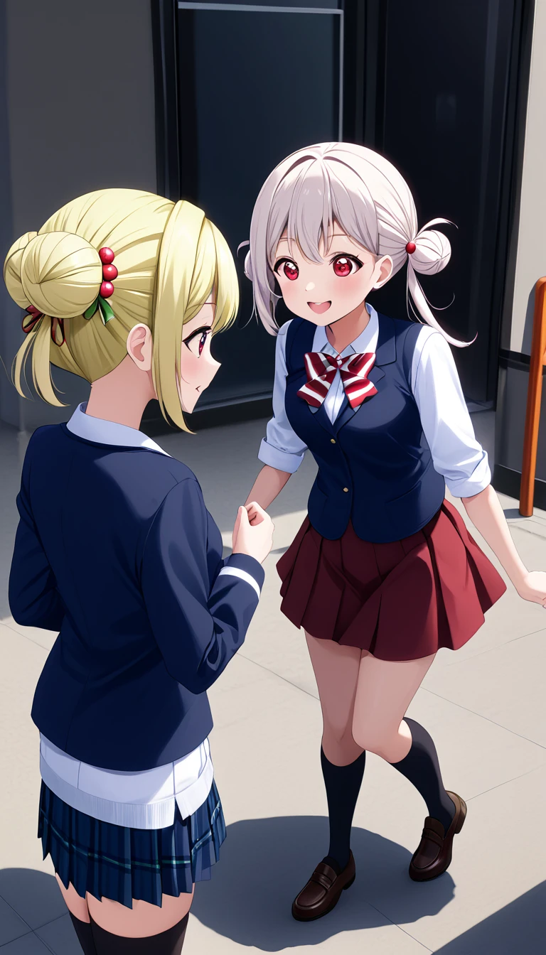 Multiple girls, 2girls,Two anime girls,love live! super star!, (arashi chisato, love live! superstar!, long hair, bangs, (red eyes:1.3), twintails, silver hair, blunt bangs, hair bun, double bun),(Shibuya Kanon, love live! superstar!, ,aakanon,purple eyes,long hair,bangs,hair between eyes) ,wearting otonokizaka ,winter uniforms, navy blue blazer,red striped bow tie, blue pleated skirt, knee socks, loafers, smile,standing, talking each other,in school,from above, BREAK score_9, score_8_up, score_7_up, score_6_up, source_anime 