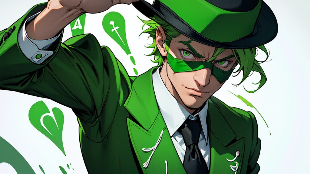 "Create an abstract art image in a monochromatic white and green color scheme, featuring the character Riddler as the focal point. The Riddler should be wearing a green bowler hat and a green blazer with white question marks. He should have dark skin, kinky hair, and brown eyes, with his face depicted in a mysterious, partially hidden manner."