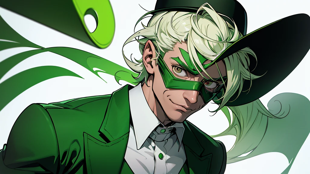 "Create an abstract art image in a monochromatic white and green color scheme, featuring the character Riddler as the focal point. The Riddler should be wearing a green bowler hat and a green blazer with white question marks. He should have dark skin, kinky hair, and brown eyes, with his face depicted in a mysterious, partially hidden manner."