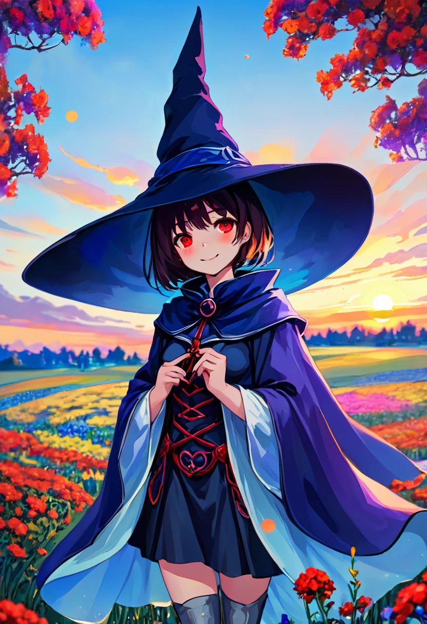 depth of field, looking at viewer, soft anime, bokeh. Beautiful 1woman. Mage. Magic circle. Flowing cloak, tunic, gloves, skirt, corset, boots. Highly detailed face, short hair, highly detailed red eyes. Curvy. Open field of flowers. Blurred background. Sunset. Natural light enhancing contours of her body... Sunrise. Sky is gradient blue and purple. Smile. . Clouds. Witch hat. Hand behind back