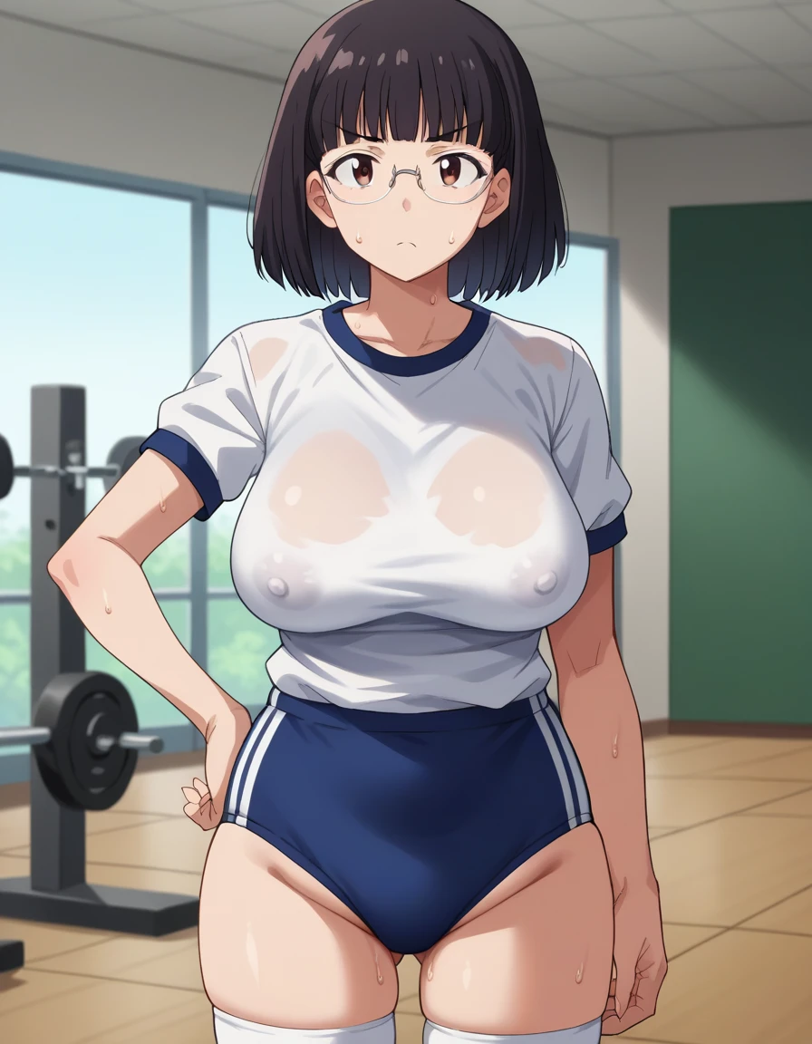 score_9, score_8_up, score_7_up, score_6_up, score_5_up, score_4_up, BREAK, source_anime, anime screencap, anime coloring, 1girl, stiff-looking beautiful female teacher, solo, perfect anatomy, black hair, medium bob hair, asymmetry bangs, forehead, brown eyes, hair behind ear, glasses, serious, looking at viewer, sweat, (skintight, very tight gym uniform, white shirt, shirt-in, under sized micro blue buruma, zettai ryouiki white thighhighs), sagging huge_breasts, tarechichi, erect nipples, thigh gap, indoor, gym, hand on hip, standing, (unshaven hairy natural public hair:1.2)