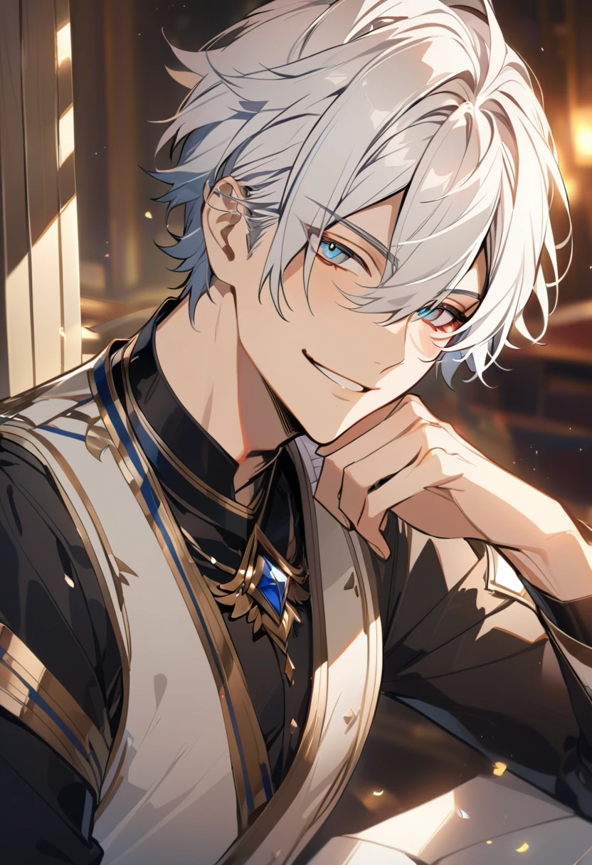 Handsome, solo, 1 male, short hair, gold eyes, white hair, smile facial, ((shirt)), blue eyes, загадочное выражение лица, (((загадочная улыбка)))