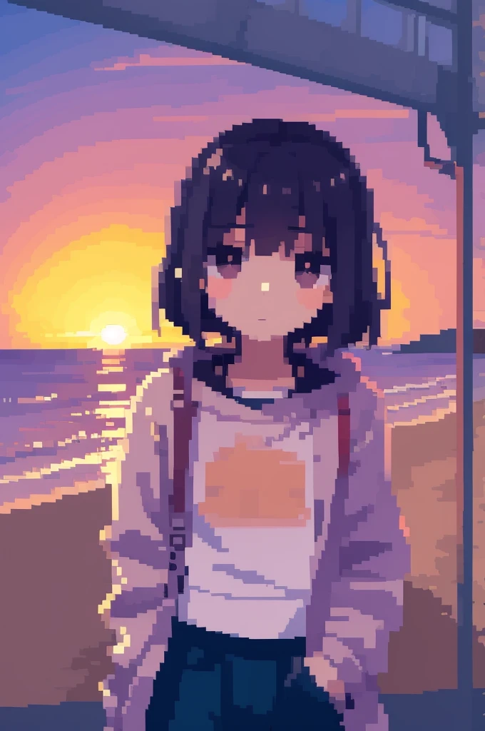 Sunset，On the road by the sea，A -yeld giis looking at the camera with reluctant eyes，Wearing a sweatshirt with pockets，Pixel style，Upper Body，The lens is wide-angle and atmospheric，The girl is in the lower right corner of the camera