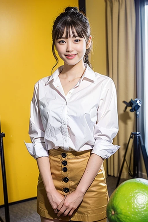 (A beautiful Japanese lady, age 28, wearing formal White shirt with buttons & lime mini-skirt, reporting the news in a studio setting, friendly and feminine expressions, kind smile, dimpled chins, cute snaggle-tooth, short bob hair ponytail, symmetrical face, realistic detailed face, beautiful detailed eyes, perfect body proportions, ample round bosoms, photorealistic, hyper-realism, high contrast, ultra HD, realistic skin textures, top image quality, top-quality, super high resolution, fine details, very meticulously, masterpiece, head to knees, serene ambience, The_Cowboy_Shot, bokeh background)