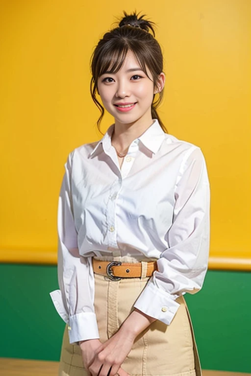 (A beautiful Japanese lady, age 28, wearing formal White shirt with buttons & lime mini-skirt, reporting the news in a studio setting, friendly and feminine expressions, kind smile, dimpled chins, cute snaggle-tooth, short bob hair ponytail, symmetrical face, realistic detailed face, beautiful detailed eyes, perfect body proportions, ample round bosoms, photorealistic, hyper-realism, high contrast, ultra HD, realistic skin textures, top image quality, top-quality, super high resolution, fine details, very meticulously, masterpiece, head to knees, serene ambience, The_Cowboy_Shot, bokeh background)