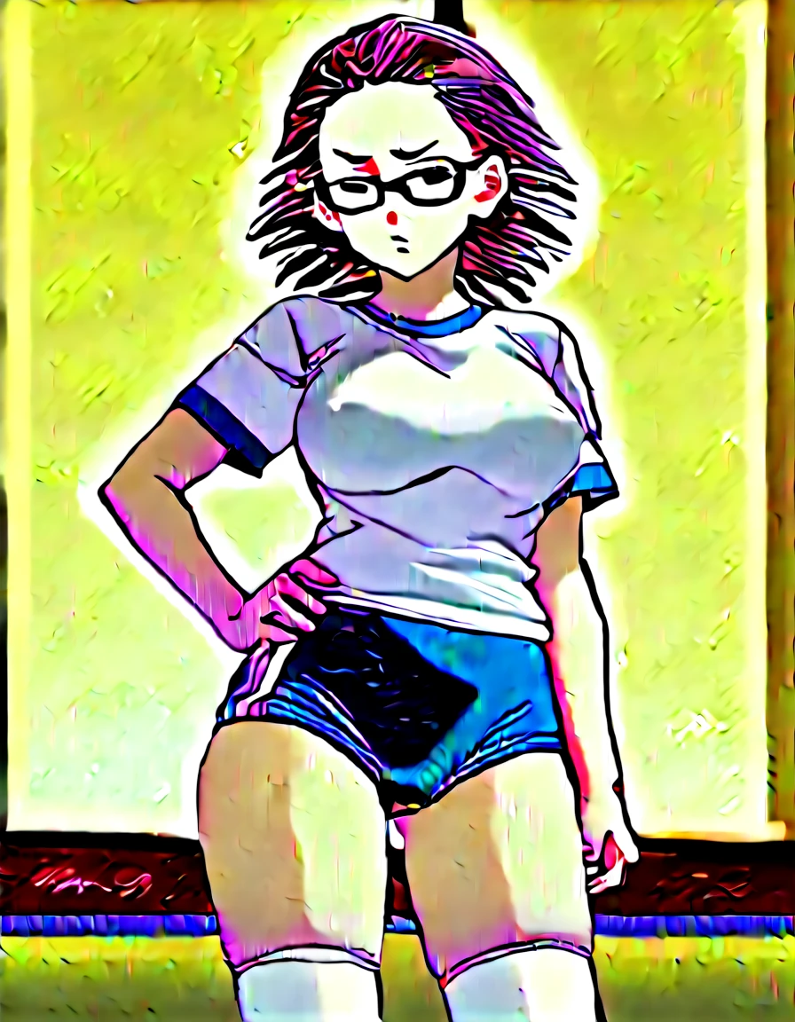 score_9, score_8_up, score_7_up, score_6_up, score_5_up, score_4_up, BREAK, source_anime, anime screencap, anime coloring, 1girl, stiff-looking beautiful female teacher, solo, perfect anatomy, black hair, medium bob hair, (asymmetry_bangs), forehead, brown eyes, hair behind ear, glasses, serious, looking at viewer, sweat, (skintight, very tight gym uniform, white shirt, shirt-in, under sized micro blue buruma, zettai ryouiki white thighhighs), sagging huge_, tarechichi, erect ns, thi indoor, gym, hand on hip, standing, (unshaven hairy natural public hair:1.2)
