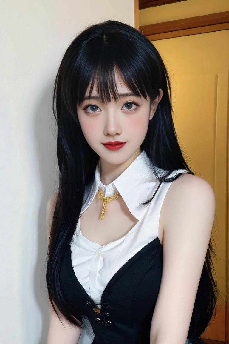 best quality, tmasterpiece,Ultra-high resolution,Clear face,(Reality:1.4),ferpect lighting,(upper body photo:1.5), (photorealistic:1.50), anime wallpaper, Guviz style artwork, cover-up fantasy up to magic , by Yang J, Guviz, beautiful artwork illustration, beautiful digital artwork, beautiful digital illustration, Li Song, beautiful anime portrait, art style in Beauvot, 1girl, 独奏, looking at the audience, smiling, closed mouth, bangs, keqing cosplay costume, cosplay, hair ornament, jewelry, high heels, inside, In the room, Hallway, Door, standing, twintails, triangle hair ornament, (purple hair:1.5), (Short pencil skirt:1.3), (White shirt:1.5) (Black skirt:1.5), (Sleeveless shirt:1.5), (Office clothes), (medium breasts:1.3), purple eyes,