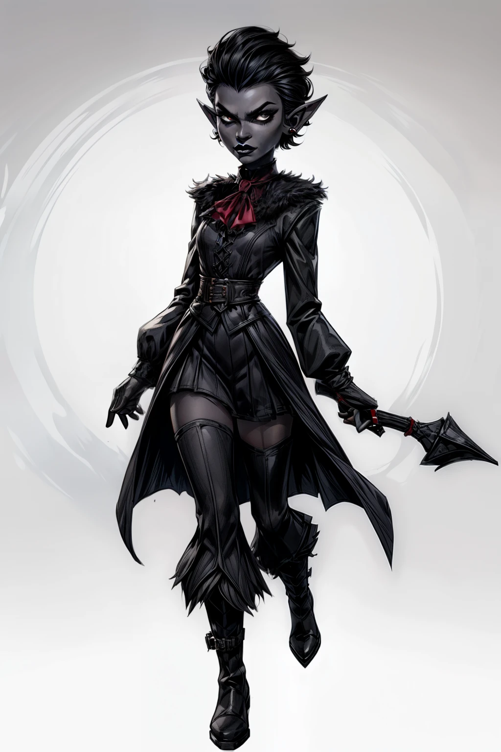 full body portrait, 1girl, short combed hair, pixie cut, combed hair, forehead, drow, black lipstick, fur coat, red high-collared shirt, ascot, high collar, solo, blank background, white background, outside, gothic fantasy art, long pointy ears, high laced boots, bullwhip, wide hips, flat-chested