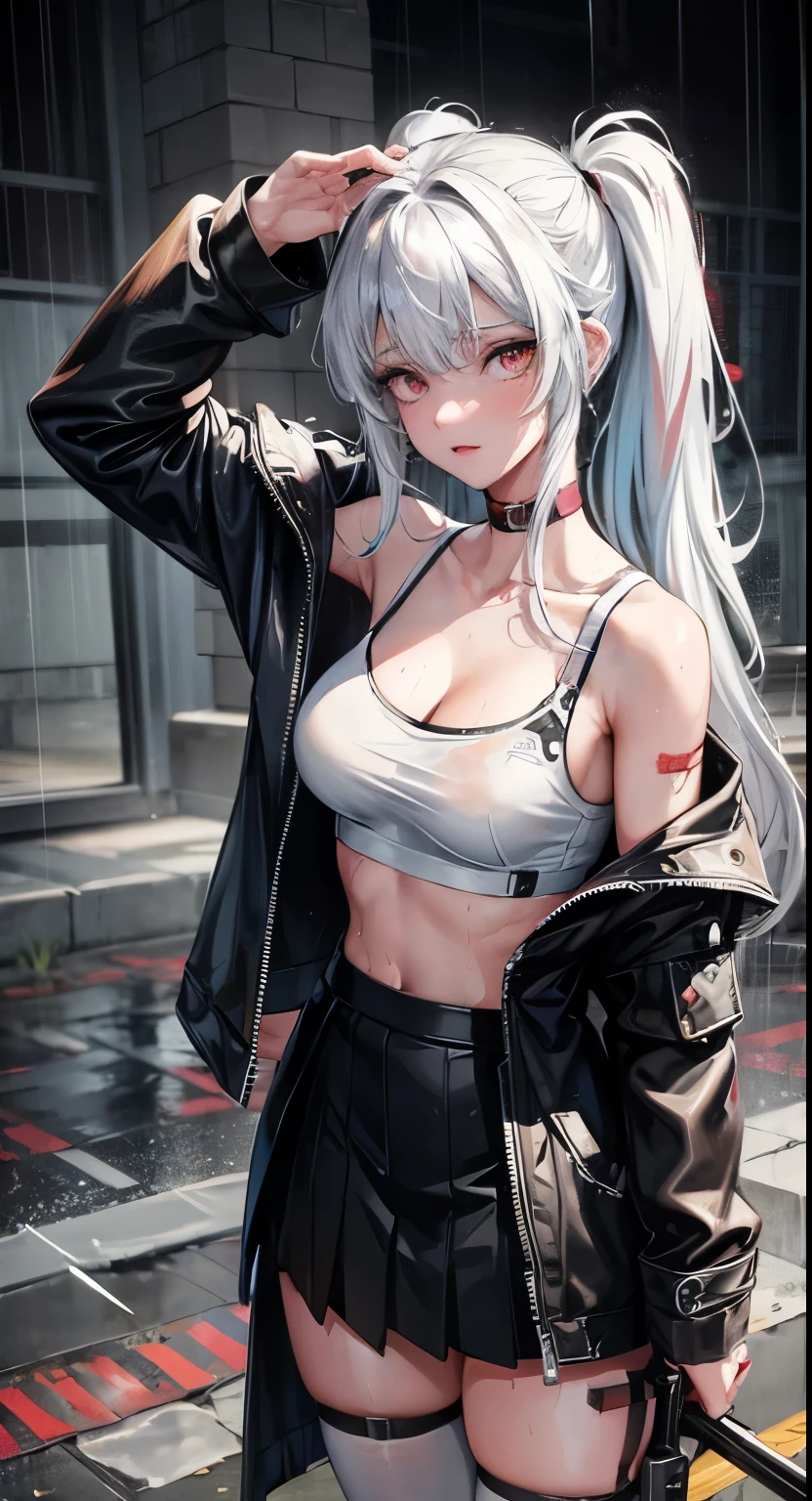 detailed eyes, realistic, anime, 1girl,bangs, twintails, long hair, off shoulder, white hair, rainbow hair, oversized T-shirt, white T-shirt, black bra, bare legs, thigh, cleavage, collarbone, (extremely detailed CG unity 8k wallpaper, masterpiece, best quality, ultra-detailed, best shadow), (masterpiece:1.2, best quality), very red eyes, sweat, soft body, cute, arm strap, thigh strap, multicolor eyes, outside, out door, raining, night, wet cloths, standing, standing in the rain, wet hair, wet skin, see through, (heavy rain), ruined building, messy ground, bullet shells on ground, dust, wounds, walking, jacket, tactical suit, military equipment, (night), white legwear, wet thighs, ((lotion)), from behind, (wet), dress, skirt, , happy, happy expression, thighs, from below, horizon, \(weapon\)
