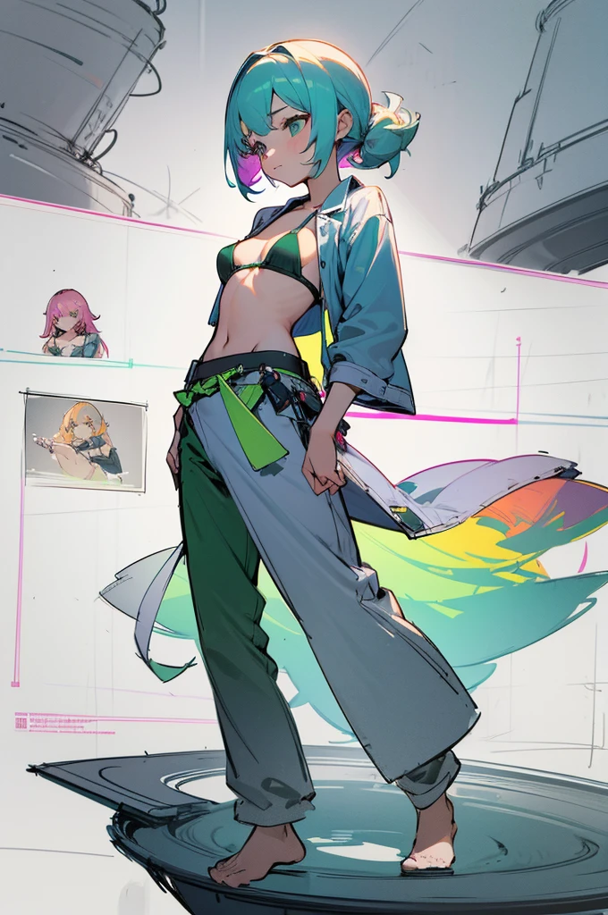 multiple views, pencil sketch, (sketch:1.25), (little girl,small breasts,), ((no shoes)), shy, best quality, graphite \\(medium\\), green bikini, gradient, rainbow, note, Line draft, highres, absurdres, (ultra-detailed:1.1), (illustration:1.1), (infographic:1.2), pajamas, (all clothes configuration:1.15), (solo), perfectly drawn hands, standing, cohesive background, paper, action, (character design:1.1), beltbra, corin, 1girl,
