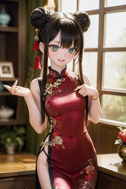 (SFW:2), photorealistic, realistic photo, 8k, ((highest quality)), ((masterpiece)), (extremely detailed), kukolnydom, doll, female, 20yo, 20 years old, solo, ((cowboy shot)), (skinny, slender, slim, light smile, parted lips), green eyes, brown hair, double buns, (plastic skin, looking at another, glass eyes, shining eyes, detailed eyes, detailed face:1.3), china dress, qipao, chinese room