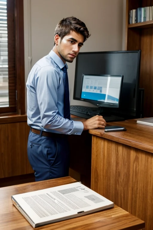 a young worried business man from argentina back of his wooden desk with a computer, looking to the observer.