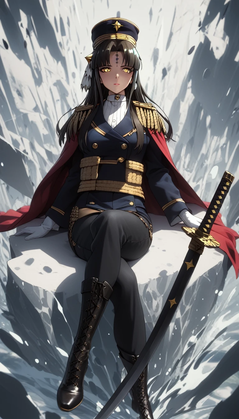 (asura art style:0.7), score_9, score_8_up, score_7_up, score_6_up, uncensored, michiko tanaka, long hair, black hair, hair ornament, forehead mark, yellow eyes, BREAK (masterpiece:1.2), best quality, high resolution, (detailed eyes:1.3), perfect lighting, (perfect hands, perfect anatomy), medium breasts, long sleeves, hat, jacket, full body, weapon, boots, food, belt, pants, sword, white gloves, cape, black footwear, uniform, military, black headwear, military uniform, buttons, black pants, knee boots, crossed legs, katana, sheath, peaked cap, sheathed, military hat, red cape, hollow eyes,
