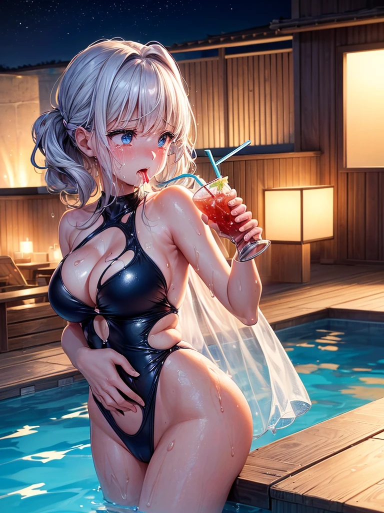 Highest quality,Highest Resolution,A crying beauty in a super high-cut swimsuit,Night Pool,Night view,Back view,up,Very beautiful eyes,(((Drink a drink))),(((Open your mouth and drool))),(((Sweat profusely)))Tears,Big Breasts,(((Ｔback)))